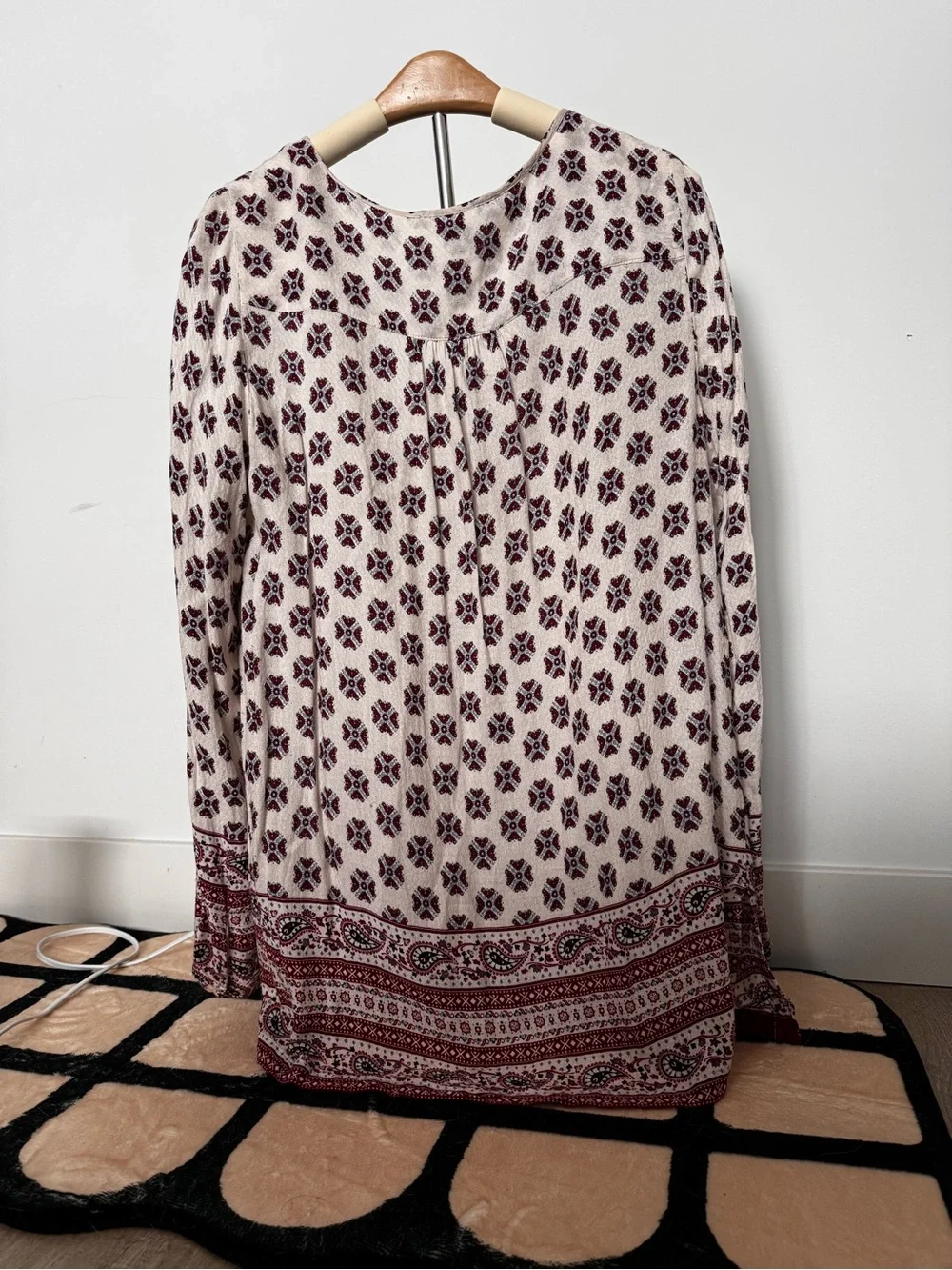 Boho Tassel V-Neck Long Sleeve Blouse in Cream and Burgundy - Picture 5 of 5